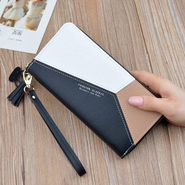Geometric Luxury Brand Leather Women Long Zipper Coin Purses Tassel Design Clutch Wallet Female Money Credit Card Holder