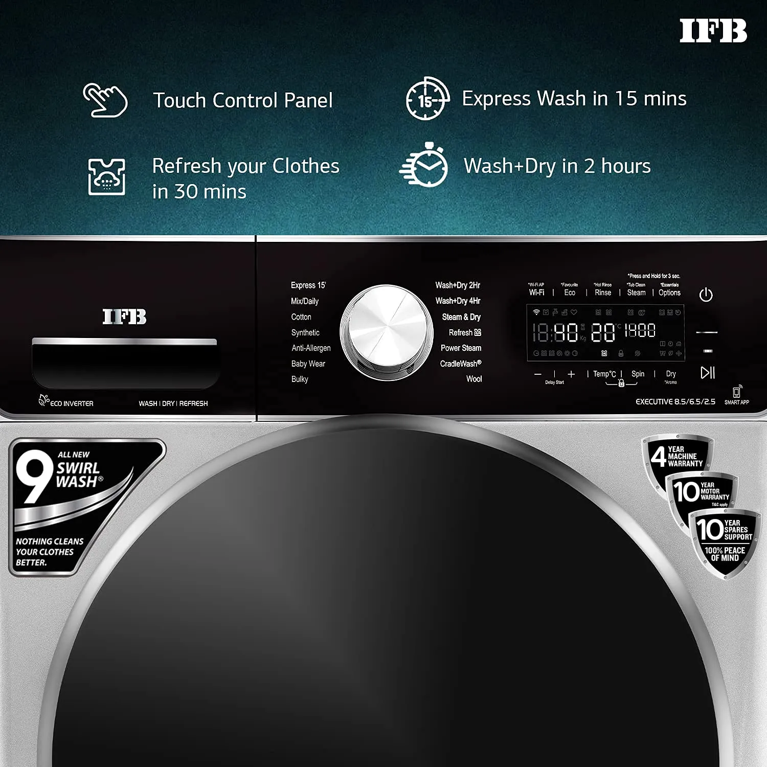 IFB Washer Dryer Executive ZXS 8.5/6.5kg 5 Star Inverter Fully-Automatic