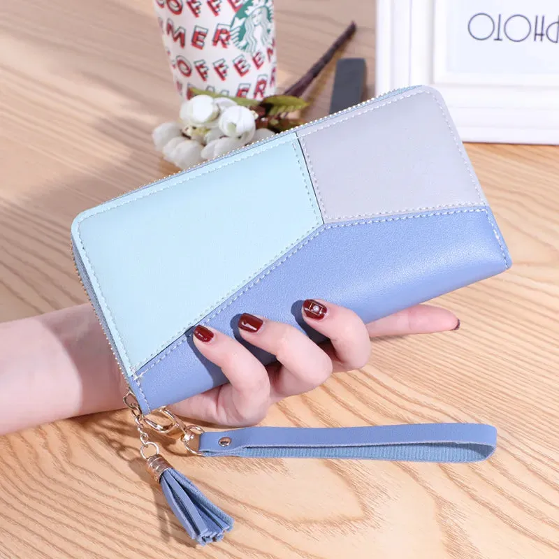 Long Contrast Zipper Tassel Wallet