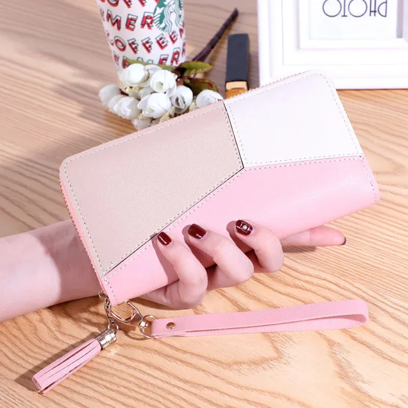 Long Contrast Zipper Tassel Wallet