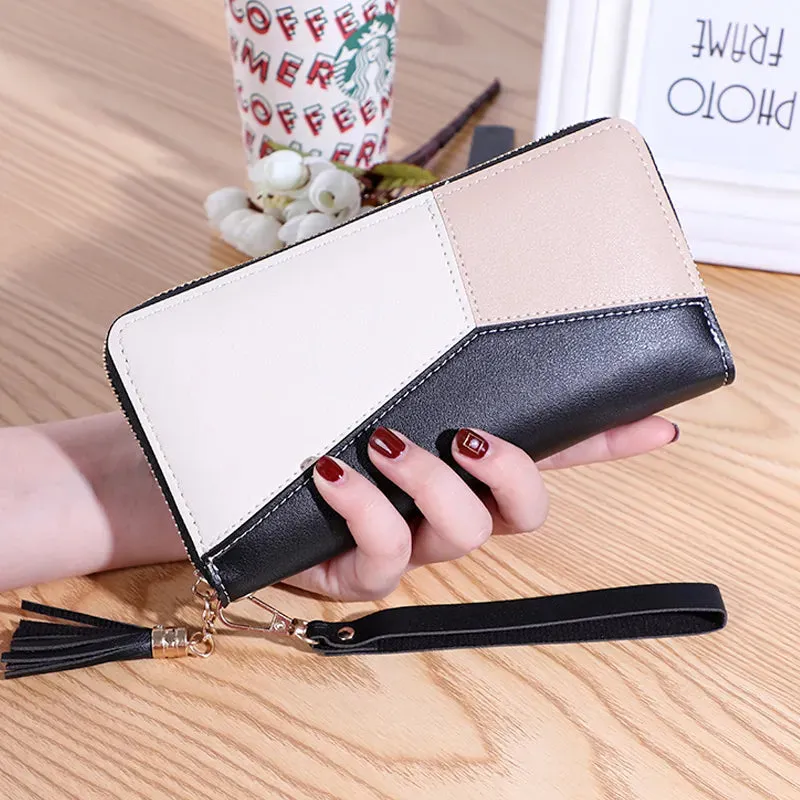 Long Contrast Zipper Tassel Wallet